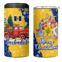 Barbados Christmas 4 in 1 Can Cooler Tumbler with Blue Yellow Xmas Snowflakes Red Truck and Coat of Arms - Wonder Print Shop