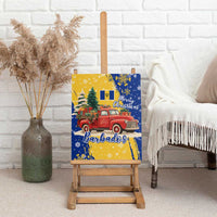 Barbados Christmas Canvas Wall Art with Blue Yellow Xmas Snowflakes Red Truck and Coat of Arms - Wonder Print Shop