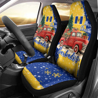 Barbados Christmas Car Seat Cover with Blue Yellow Xmas Snowflakes Red Truck and Coat of Arms - Wonder Print Shop