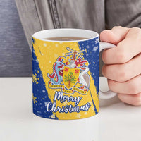 Barbados Christmas Ceramic Mug with Blue Yellow Xmas Snowflakes Red Truck and Coat of Arms - Wonder Print Shop