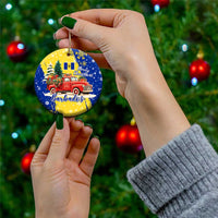 Barbados Christmas Ceramic Ornament with Blue Yellow Xmas Snowflakes Red Truck and Coat of Arms - Wonder Print Shop