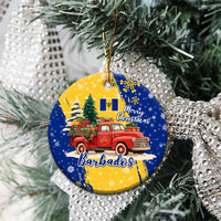Barbados Christmas Ceramic Ornament with Blue Yellow Xmas Snowflakes Red Truck and Coat of Arms - Wonder Print Shop