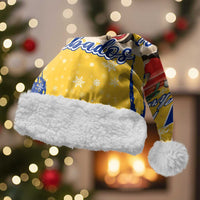 Barbados Christmas Santa Hat with Blue Yellow Xmas Snowflakes Red Truck and Coat of Arms - Wonder Print Shop