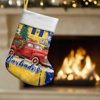 Barbados Christmas Stocking with Blue Yellow Xmas Snowflakes Red Truck and Coat of Arms - Wonder Print Shop
