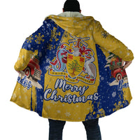 Barbados Christmas Cloak with Blue Yellow Xmas Snowflakes Red Truck and Coat of Arms - Wonder Print Shop