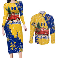 Barbados Christmas Couples Matching Long Sleeve Bodycon Dress and Long Sleeve Button Shirt with Blue Yellow Xmas Snowflakes Red Truck and Coat of Arms - Wonder Print Shop