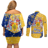Barbados Christmas Couples Matching Off Shoulder Short Dress and Long Sleeve Button Shirt with Blue Yellow Xmas Snowflakes Red Truck and Coat of Arms - Wonder Print Shop