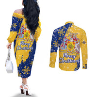 Barbados Christmas Couples Matching Off The Shoulder Long Sleeve Dress and Long Sleeve Button Shirt with Blue Yellow Xmas Snowflakes Red Truck and Coat of Arms - Wonder Print Shop
