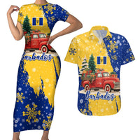 Barbados Christmas Couples Matching Short Sleeve Bodycon Dress and Hawaiian Shirt with Blue Yellow Xmas Snowflakes Red Truck and Coat of Arms - Wonder Print Shop
