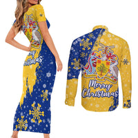 Barbados Christmas Couples Matching Short Sleeve Bodycon Dress and Long Sleeve Button Shirt with Blue Yellow Xmas Snowflakes Red Truck and Coat of Arms - Wonder Print Shop