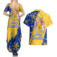 Barbados Christmas Couples Matching Summer Maxi Dress and Hawaiian Shirt with Blue Yellow Xmas Snowflakes Red Truck and Coat of Arms - Wonder Print Shop