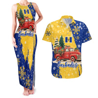 Barbados Christmas Couples Matching Tank Maxi Dress and Hawaiian Shirt with Blue Yellow Xmas Snowflakes Red Truck and Coat of Arms - Wonder Print Shop