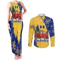 Barbados Christmas Couples Matching Tank Maxi Dress and Long Sleeve Button Shirt with Blue Yellow Xmas Snowflakes Red Truck and Coat of Arms - Wonder Print Shop