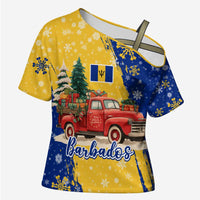 Barbados Christmas Cross Shoulder Shirt with Blue Yellow Xmas Snowflakes Red Truck and Coat of Arms - Wonder Print Shop