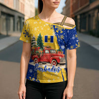 Barbados Christmas Cross Shoulder Shirt with Blue Yellow Xmas Snowflakes Red Truck and Coat of Arms - Wonder Print Shop