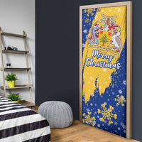 Barbados Christmas Door Cover with Blue Yellow Xmas Snowflakes Red Truck and Coat of Arms - Wonder Print Shop