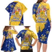 Barbados Christmas Family Matching Long Sleeve Bodycon Dress and Hawaiian Shirt with Blue Yellow Xmas Snowflakes Red Truck and Coat of Arms - Wonder Print Shop
