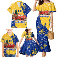 Barbados Christmas Family Matching Mermaid Dress and Hawaiian Shirt with Blue Yellow Xmas Snowflakes Red Truck and Coat of Arms - Wonder Print Shop