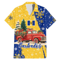 Barbados Christmas Family Matching Mermaid Dress and Hawaiian Shirt with Blue Yellow Xmas Snowflakes Red Truck and Coat of Arms - Wonder Print Shop