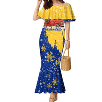 Barbados Christmas Family Matching Mermaid Dress and Hawaiian Shirt with Blue Yellow Xmas Snowflakes Red Truck and Coat of Arms - Wonder Print Shop