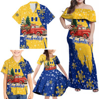 Barbados Christmas Family Matching Off Shoulder Maxi Dress and Hawaiian Shirt with Blue Yellow Xmas Snowflakes Red Truck and Coat of Arms - Wonder Print Shop