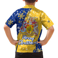 Barbados Christmas Family Matching Off Shoulder Short Dress and Hawaiian Shirt with Blue Yellow Xmas Snowflakes Red Truck and Coat of Arms - Wonder Print Shop