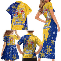 Barbados Christmas Family Matching Short Sleeve Bodycon Dress and Hawaiian Shirt with Blue Yellow Xmas Snowflakes Red Truck and Coat of Arms - Wonder Print Shop