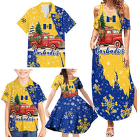 Barbados Christmas Family Matching Summer Maxi Dress and Hawaiian Shirt with Blue Yellow Xmas Snowflakes Red Truck and Coat of Arms - Wonder Print Shop