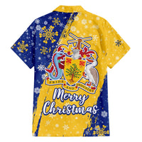Barbados Christmas Family Matching Summer Maxi Dress and Hawaiian Shirt with Blue Yellow Xmas Snowflakes Red Truck and Coat of Arms - Wonder Print Shop
