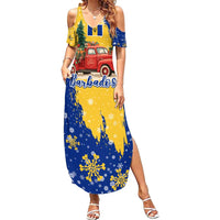 Barbados Christmas Family Matching Summer Maxi Dress and Hawaiian Shirt with Blue Yellow Xmas Snowflakes Red Truck and Coat of Arms - Wonder Print Shop