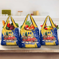 Barbados Christmas Grocery Bag with Blue Yellow Xmas Snowflakes Red Truck and Coat of Arms - Wonder Print Shop