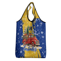 Barbados Christmas Grocery Bag with Blue Yellow Xmas Snowflakes Red Truck and Coat of Arms - Wonder Print Shop