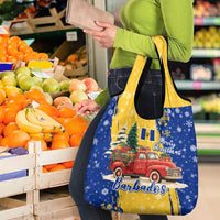Barbados Christmas Grocery Bag with Blue Yellow Xmas Snowflakes Red Truck and Coat of Arms - Wonder Print Shop