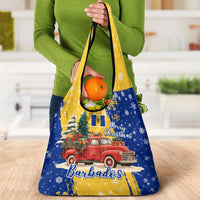 Barbados Christmas Grocery Bag with Blue Yellow Xmas Snowflakes Red Truck and Coat of Arms - Wonder Print Shop