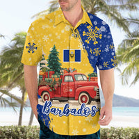 Barbados Christmas Hawaiian Shirt with Blue Yellow Xmas Snowflakes Red Truck and Coat of Arms - Wonder Print Shop