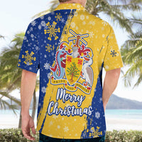 Barbados Christmas Hawaiian Shirt with Blue Yellow Xmas Snowflakes Red Truck and Coat of Arms - Wonder Print Shop