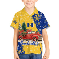 Barbados Christmas Hawaiian Shirt with Blue Yellow Xmas Snowflakes Red Truck and Coat of Arms - Wonder Print Shop