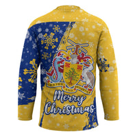 Barbados Christmas Hockey Jersey with Blue Yellow Xmas Snowflakes Red Truck and Coat of Arms - Wonder Print Shop