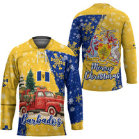 Barbados Christmas Hockey Jersey with Blue Yellow Xmas Snowflakes Red Truck and Coat of Arms - Wonder Print Shop