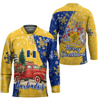 Barbados Christmas Hockey Jersey with Blue Yellow Xmas Snowflakes Red Truck and Coat of Arms - Wonder Print Shop