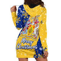 Barbados Christmas Hoodie Dress with Blue Yellow Xmas Snowflakes Red Truck and Coat of Arms - Wonder Print Shop