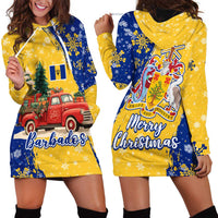 Barbados Christmas Hoodie Dress with Blue Yellow Xmas Snowflakes Red Truck and Coat of Arms - Wonder Print Shop