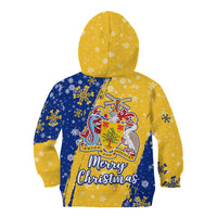 Barbados Christmas Kid Hoodie with Blue Yellow Xmas Snowflakes Red Truck and Coat of Arms - Wonder Print Shop