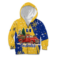 Barbados Christmas Kid Hoodie with Blue Yellow Xmas Snowflakes Red Truck and Coat of Arms - Wonder Print Shop