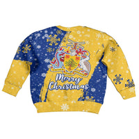 Barbados Christmas Kid Ugly Christmas Sweater with Blue Yellow Xmas Snowflakes Red Truck and Coat of Arms - Wonder Print Shop