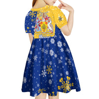 Barbados Christmas Kid Short Sleeve Dress with Blue Yellow Xmas Snowflakes Red Truck and Coat of Arms - Wonder Print Shop