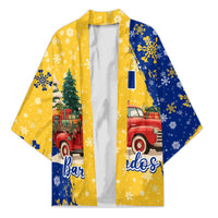 Barbados Christmas Kimono with Blue Yellow Xmas Snowflakes Red Truck and Coat of Arms - Wonder Print Shop