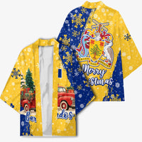 Barbados Christmas Kimono with Blue Yellow Xmas Snowflakes Red Truck and Coat of Arms - Wonder Print Shop