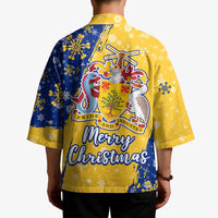 Barbados Christmas Kimono with Blue Yellow Xmas Snowflakes Red Truck and Coat of Arms - Wonder Print Shop