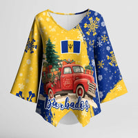 Barbados Christmas Kimono Sleeve Blouse with Blue Yellow Xmas Snowflakes Red Truck and Coat of Arms - Wonder Print Shop